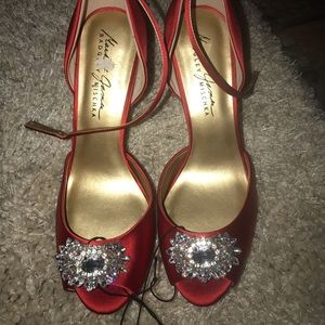 Red satin heels. Size 10